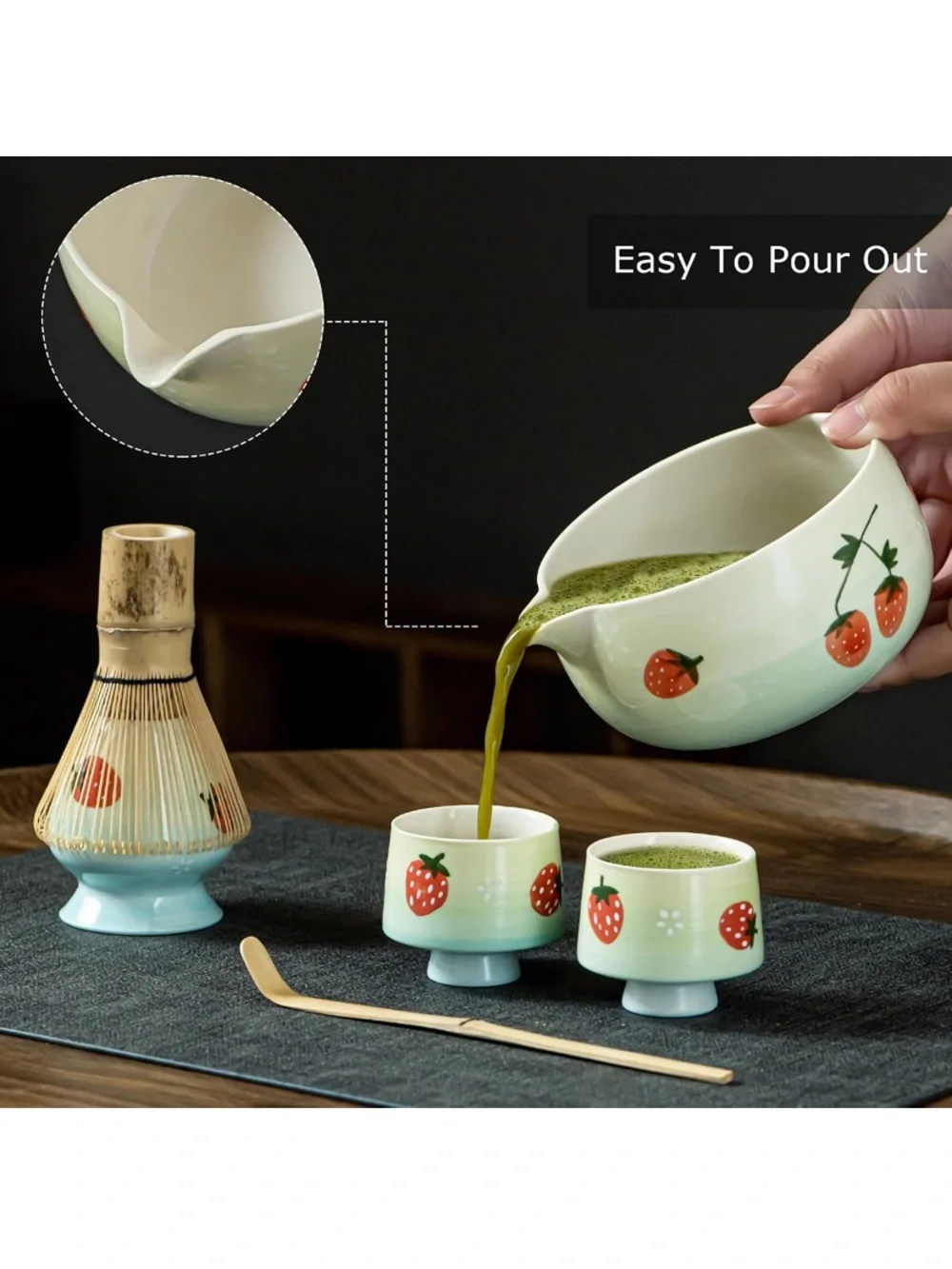NWOT Green Strawberry Ceramic Matcha Set with Whisk and Spoon
